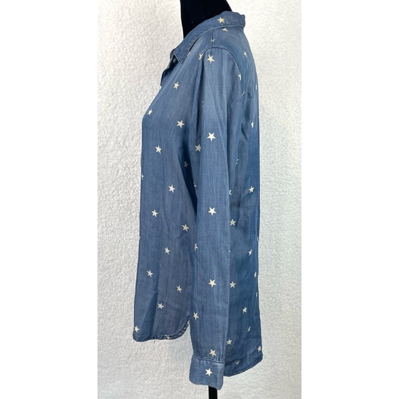 SNEAK PEEK • Blue Chambray Denim Star Print Long Sleeve Button-Down Shirt - Picture 5 of 14